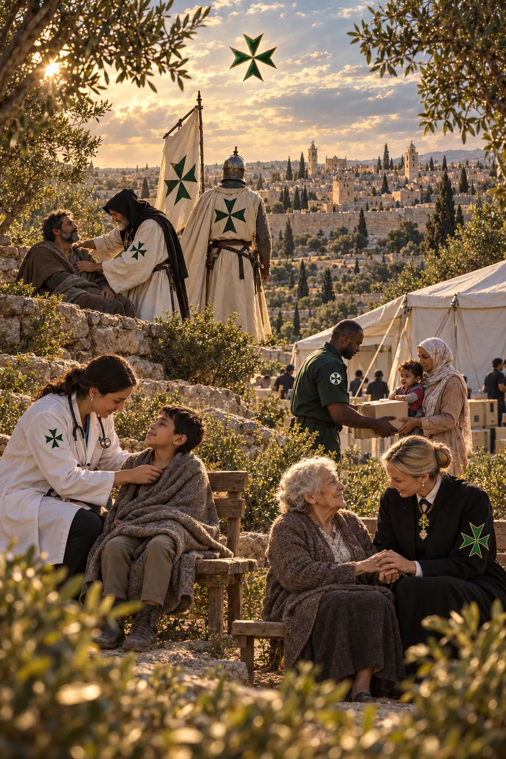 Past and present of the Order: a knight and a hospitaller brother caring for the sick outside Jerusalem, and today a doctor with a child, aid for a mother and her baby, and a dame holding an elderly woman's hands