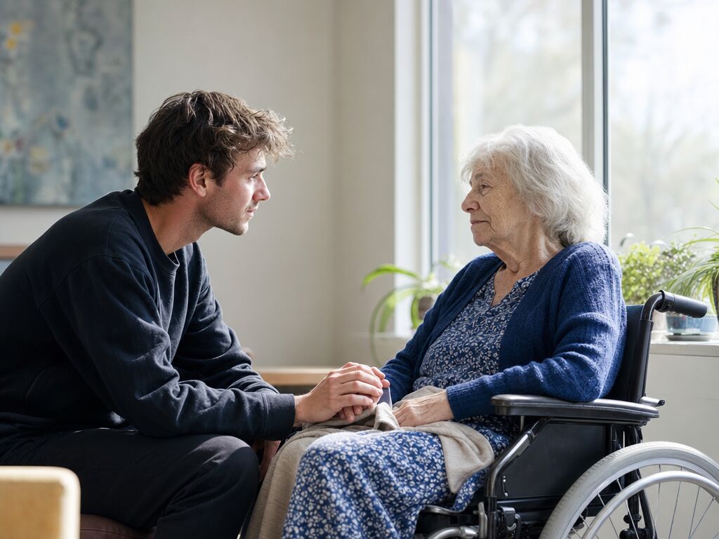 A volunteer accompanies an elderly patient