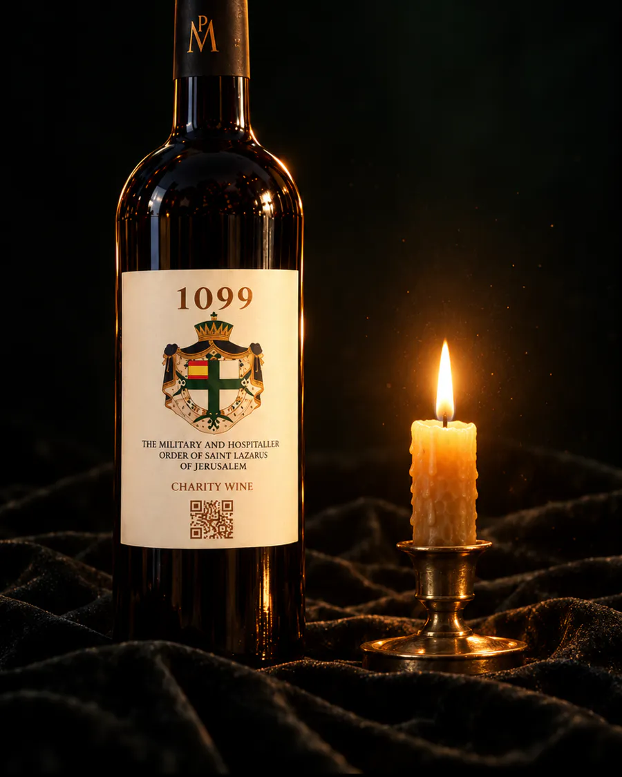 A bottle of 1099 Saint Lazarus Charity Wine beside a single candle